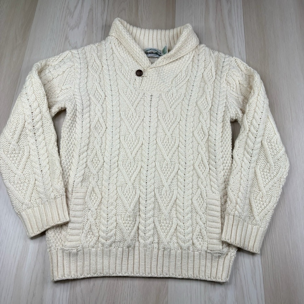 Aran Crafts Sweater Shawl Collar Merino Wool Cable Knit Ireland Mens Size Small